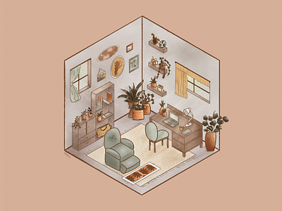 Isometric Office Watercolor Digital Painting