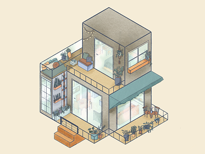 Isometric House Watercolor Digital Painting