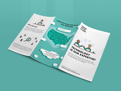 Tri-Fold brochure for "Speak with a Geek" company advertising brochure design developers icons illustrations it print technology tri fold brochure