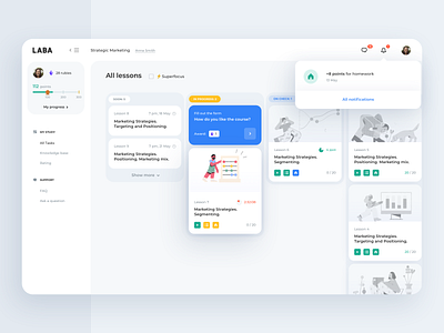 LMS dashboard app application cards education form gamification kanban learning management system lms notification online education points progress sidebar social social network studying tasks ui web