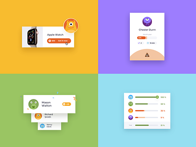 UI details of Profity analytics app ava avatars cards charts crm dashboad gamification graphics icons illustration monsters profile profity rating simple stats ui win