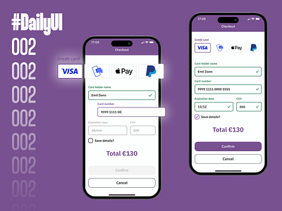 #DailyUI Challenge 002 - Credit card checkout 002 app apple pay check out checkout credit card daily ui dailyui dailyui002 design figma graphic design ibm plex mono mobile pay mobilepay paypal purple ui