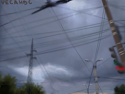 Нефтезавод 2 art digitalart illustration арт графическая иллюстрация дождь закат небо пасмурная погода пасмурное небо провода столб тучи