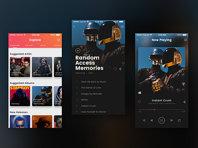 Music App app cards flow gradient music play random share swipe ui ui design ux