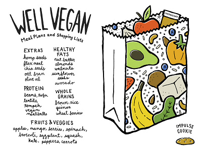 Well Vegan Shopping List handdrawn illustration