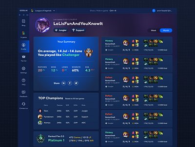 Game profile for GOSU.AI cybersport dark ui game profile game ui gaming ui league of legends ui design ux ui ux design web