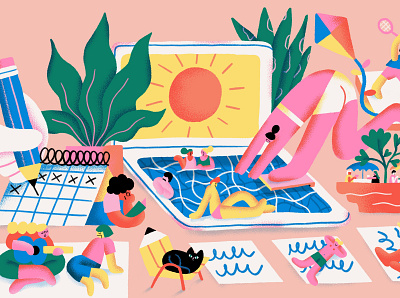 Work in Summer character colourful flat flatillustration illustration people summer working space