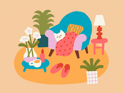 Home sweet home cat catillustration colourful cozy flat flowers home homedecor illustration