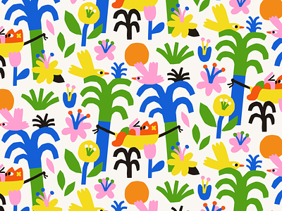 Palms with a chilling cat birds cat floral fun nature palm pattern patternillustration plants summer summerillustration sun tropical