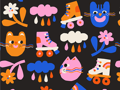 Skate Pattern cat catillustration colourful cute flatstyle floral flowers fun kidsdesign pattern patterndesign playful