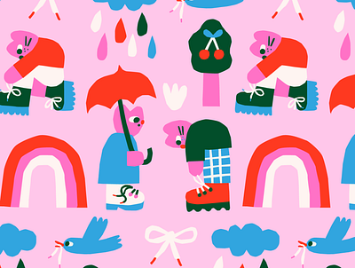 Rainy Day Pattern birds cat catillustration fun illustration pattern playful rain rainyday umbrella