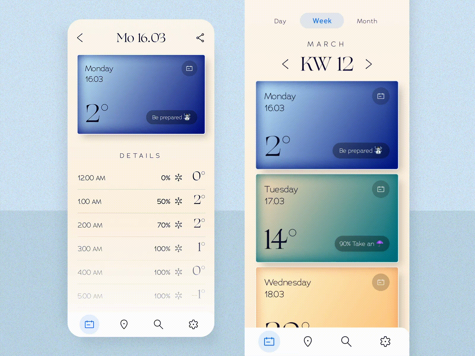 #44 Weather cards ☀️ ❄️ | 99+ Days in the Lab calendar card cold figma mobile protopie snow sun temperature weather weather forecast widget