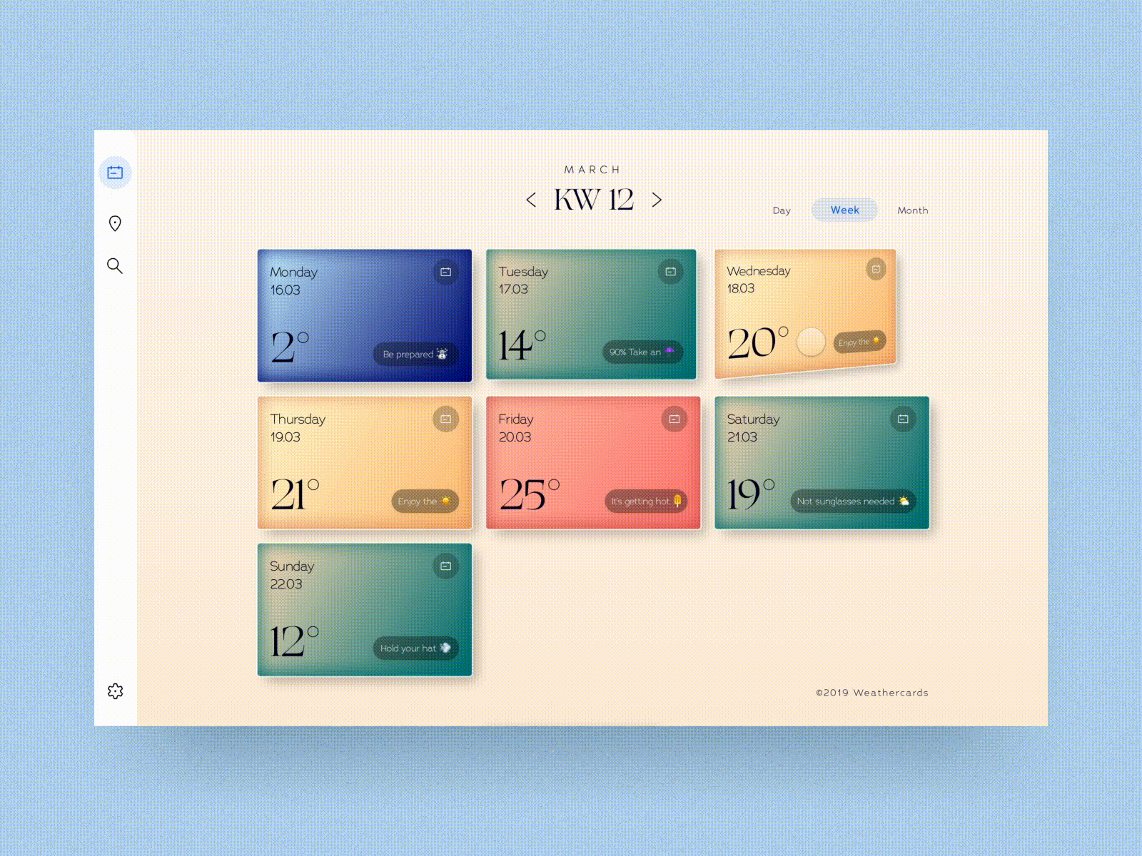 #45 Weather cards ☀️ ❄️ | 99+ Days in the Lab animation calendar cards desktop figma gif protopie prototype transition typography weather