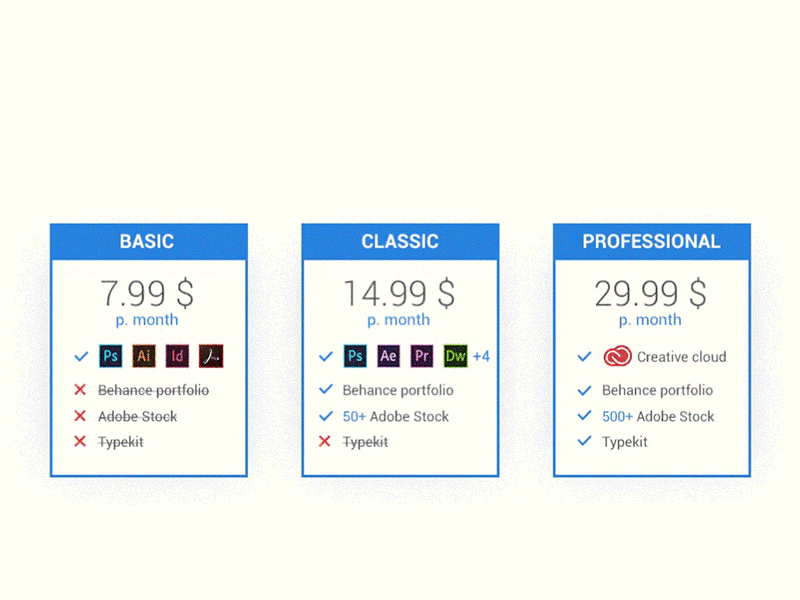 Adobe CC Website Concept | Price models