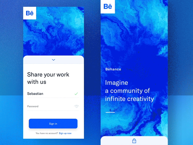 #02 Behance | Login ๐ button password username login form background pattern background motion swipe transition blue behance login