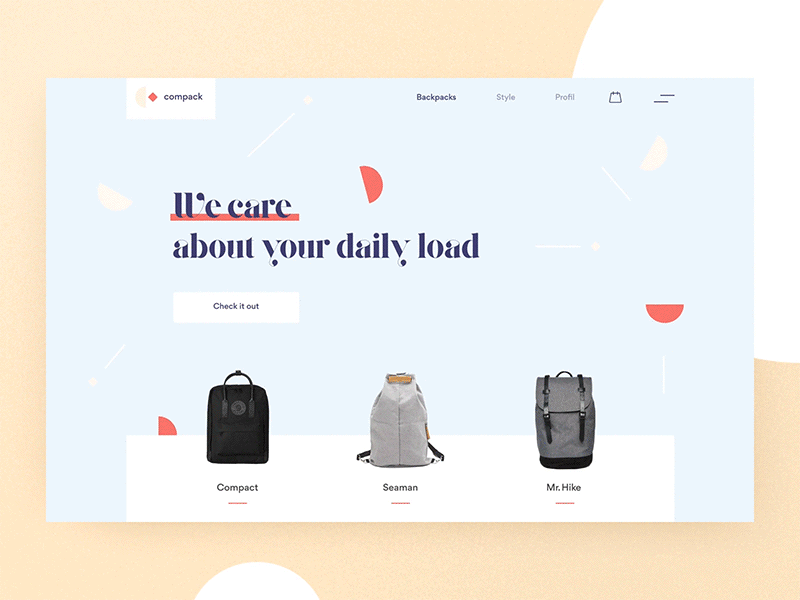 Compack | Ecommerce 🎒 backpack bag blue desktop ecommerce ecommerce app invision invisionstudio prototype red soft studio transition