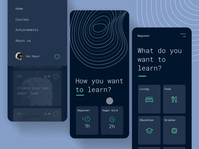 Adobe XD Playoff: Learning app 🎓 adobe adobexd dark education education app icons learn mobile prototype transition ui waves xd