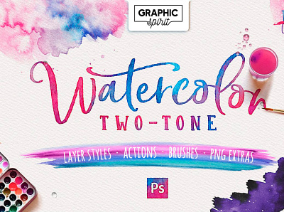 WATERCOLOR TWO-TONE Photoshop actions aqua aquarell brush cc digital easy effect extras layer paper photoshop png splash styles text textures two tone water watercolor