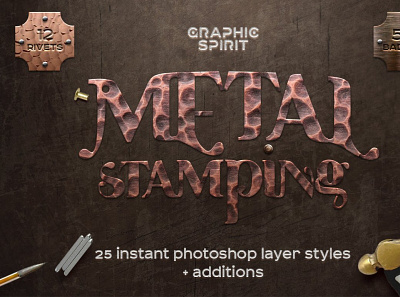 Metal Stamping Photoshop Styles addition art badges brass copper effect emboss foil hi res instant jpg layer metal photoshop png rivets stamping style styles texture