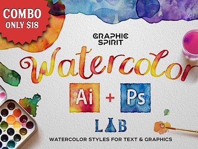 Combo: WATERCOLOR Lab Ai+Ps ai aquarelle brush combo effect hand made illustrator lab lettering mockup paint photoshop ps realistic retro styles text textures vintage watercolor