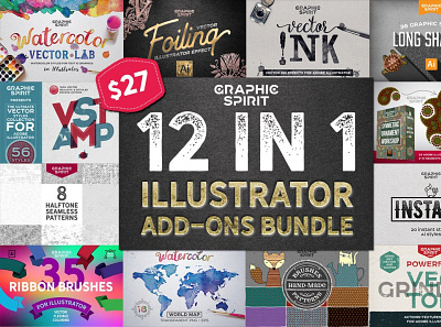 12 in 1 ILLUSTRATOR Bundle DISCOUNT actions add ons add ons adobe best brushes bundle discount effects foil hand made illustrator ink maps patterns stamp style template vector watercolor