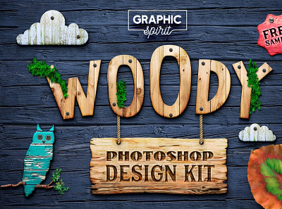 WOODY Photoshop Design Kit actions bark brushes chains design effect foliage generator kit layer pattern photoshop planks ropes signs styles texture wood wooden woody