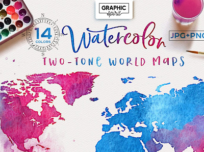 Watercolor Maps - TWO-TONE PACK adobe art background colors design elements illustrator indesign maps pack photoshop picture poster sketch textures transparent two tone wall watercolor world