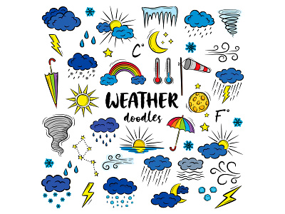 Colorful hand drawn weather icons cartoon climate cloud collection colorful concept design doodle drawing graphic design hand drawn icons illustration outline set sketch symbol typography vector weather