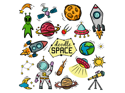 Set of hand drawn space objects on white background