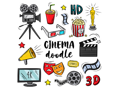 Set of cinema and movie related doodles vector illustration 3d camera cartoon cinema cinematography collection colorful concept design doodle drawing hand drawn icons illustration isolated movie related set sketch vector vintage