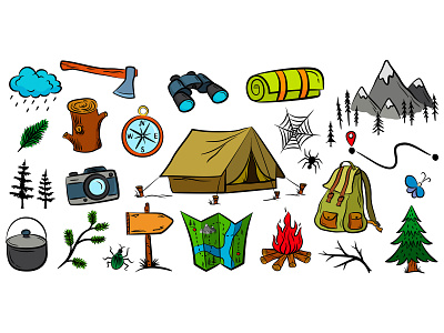 Hiking and backpacking equipment collection adventure camping cartoon collection colorful concept design doodle drawing forest hiking illustration isolated map set sketch tourism travel vintage wanderlust