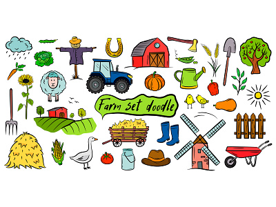 Farm vector doodle collection isolated on white background agriculture cartoon collection colorful concept design doodle drawing farm garden graphic hand drawn icons illustration isolated organic outline set tractor vegetables