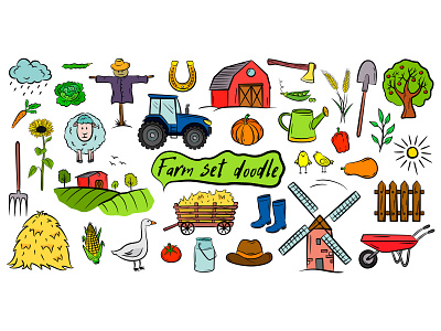 Farm vector doodle collection isolated on white background