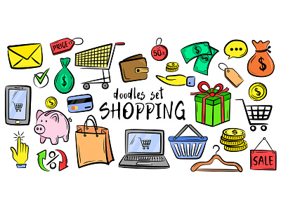 Shopping retail sale and discount doodle set business cartoon collection colorful commerce concept design doodle drawing icons illustration isolated online package sale set shop shopping sketch store