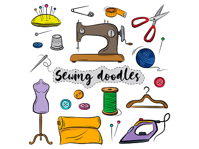 Sewing doodle icons hand drawn cartoon clothing collection colorful concept craft design doodle drawing fabric icons illustration measure outline service set sewing sketch vintage workshop
