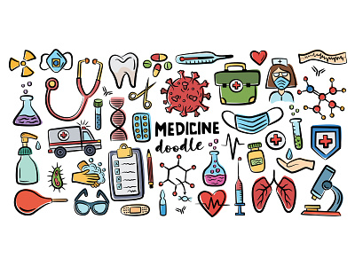 Healthcare and medicine colored vector illustration ambulance cartoon collection colorful concept design doctor doodle drawing healthcare icons illustration laboratory medicine pharmacy set sketch vector virus