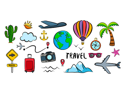 Concept colorful set of doodle travel icons beach cactus camera cartoon collection colorful compass concept design doodle drawing fly holiday illustration logo palm sketch tourism travel tropical