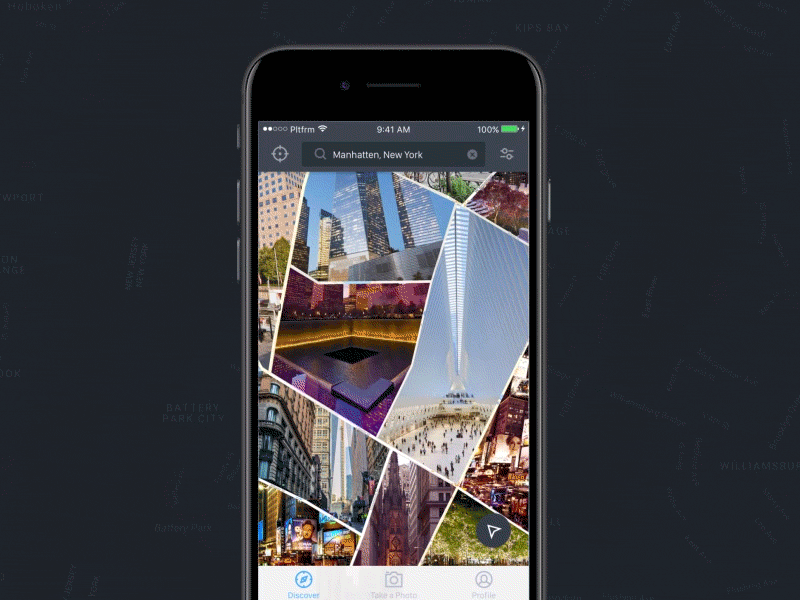 Streetography - Map-based photo-sharing app animation blocks clean design login map photos pictures ui ux