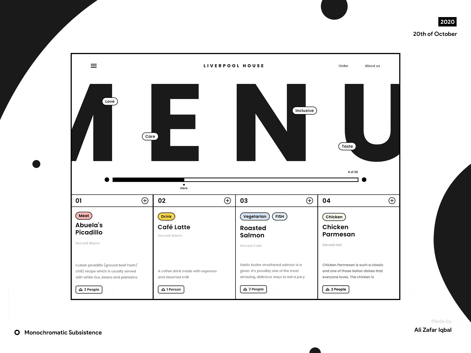 Monochromatic Subsistence adobe xd animation branding food menu minimal motion design restaurant typography ui ux webapp website