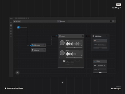 Instrumental Workflows 3d animation concept darkui engine engineui figma gameengine gaming minimal minimalism minimalistic motion design node nodebased nodeui sounddesign ui ux visualscripting
