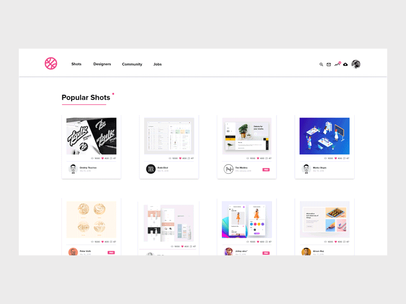 Dribbble Redesign (Shots Expansion) adobexd animation dribbble gif meterialdesign minimalism motiongraphic redesign ui ux webdesign