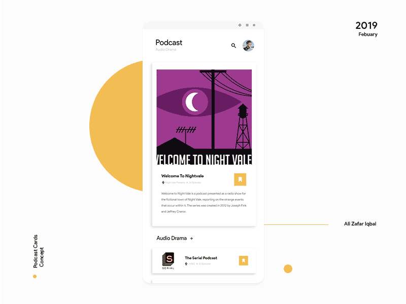 Podcast Cards - Concept adobe xd android animation design material design minimal motion design typography ui ux