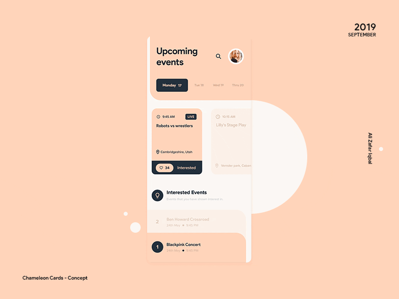 Chameleon Cards - Concept adobe xd android animation design events flat flutter material design 2 minimal mobile motion design ui ux