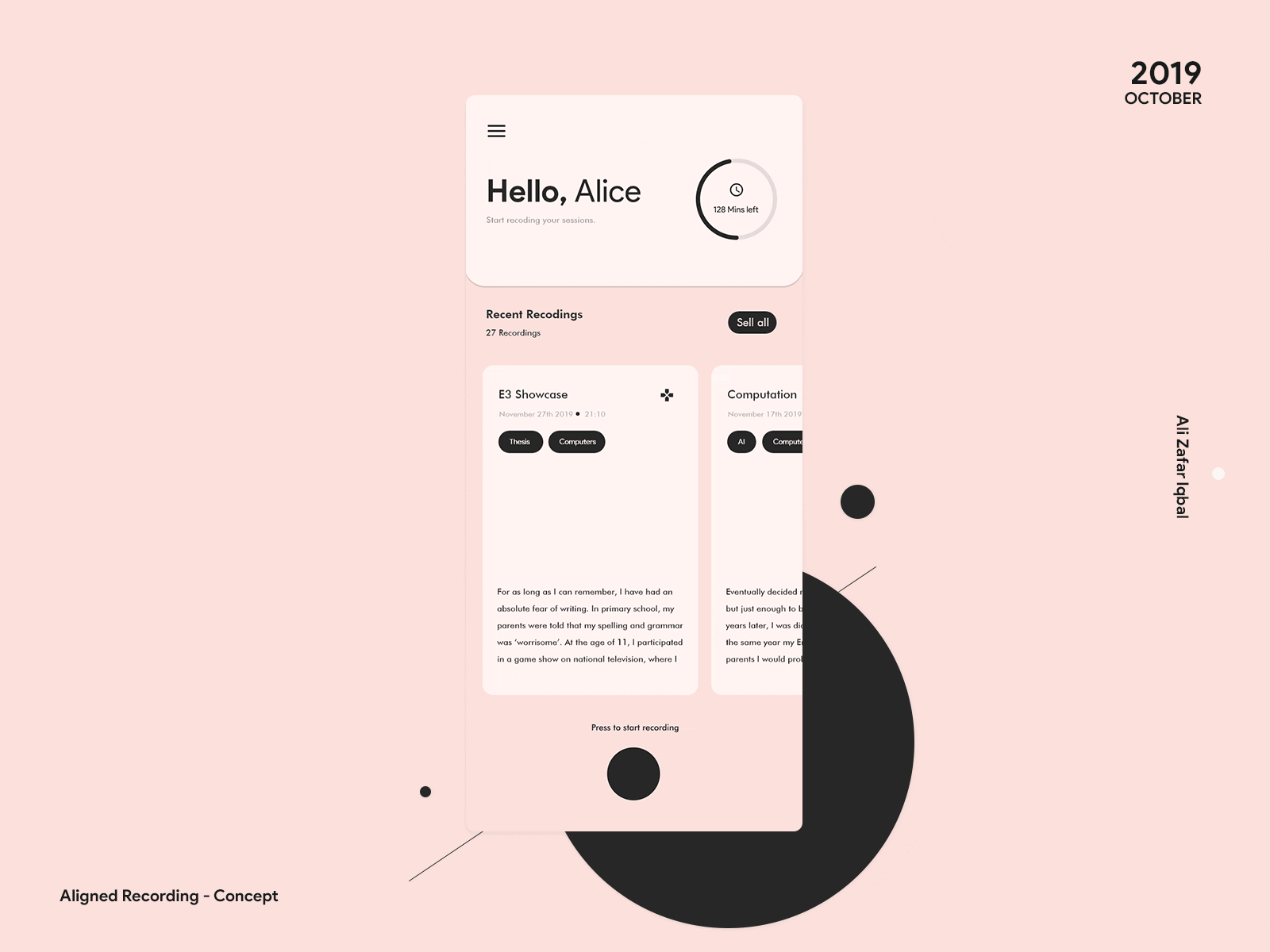 Aligned Recordings - Concept adobe xd android animation material design minimal minimalistic mobile modern motion design record recording sharp transcribe typography ui ux