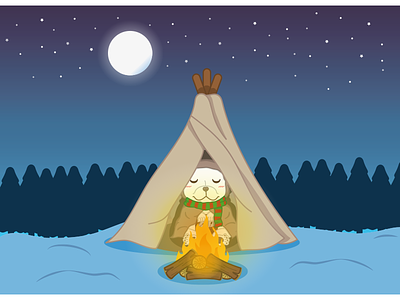 Campfire camp campfire camping fire forest french bulldog frenchy moonlight night snow