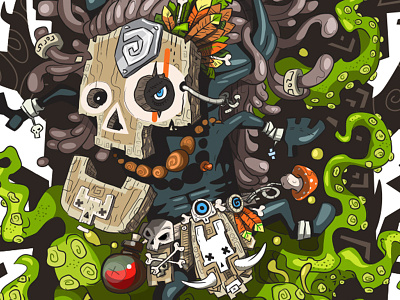 Force of nature- detail art character design illustration kirpluk nature shaman skull tentacles vector