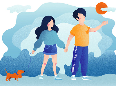 young couple walking with a dog app character dog flat girl icon illustration natimade park people sticker vector walking