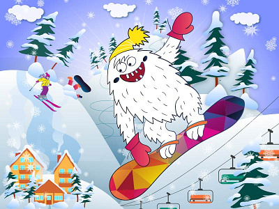 Monster on snowboard character icon illustration monster natimade snowboard