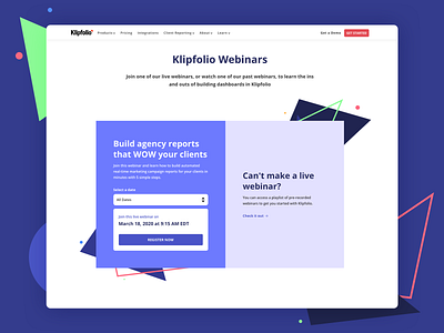 Klipfolio Webinar branding dates form klipfolio landing page landing page design triangles ui ux webdesign webinar website