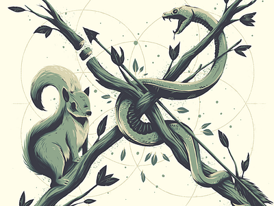 "X" branches drawing illustration lettering new print snake squirrel x